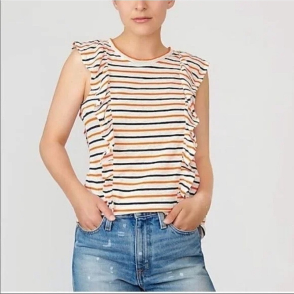 NWT J.Crew White Navy and Orange Stripe Ruffle Short Sleeve Linen Tee Size XS